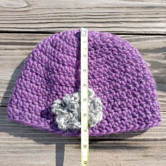 Womens Beanie Cloche Handmade Purple Crochet Hat Gray Brown Flower Pure New Wool - Picture 5 of 11